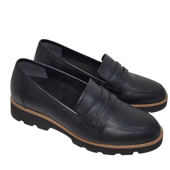 Vionic Cheryl II Loafer Shoes Women Size 6.5 Black Leather Penny Loafer Lug Sole - Picture 1 of 12